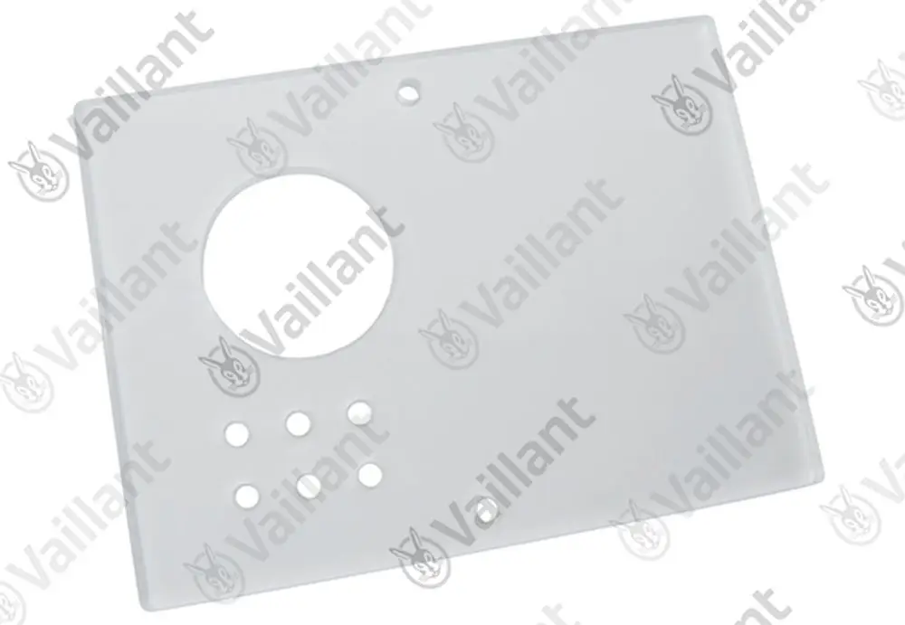 Transparente Abdeckung von Vaillant mit rundem Ausschnitt und mehreren Löchern für die Befestigung. Ideal zur Verwendung bei Heizsystemen.